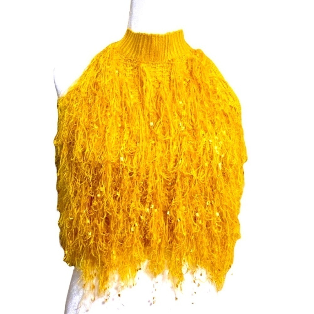 Shaggy Gold Knit Fringe Halter Top by Rehab Lab (Size L)